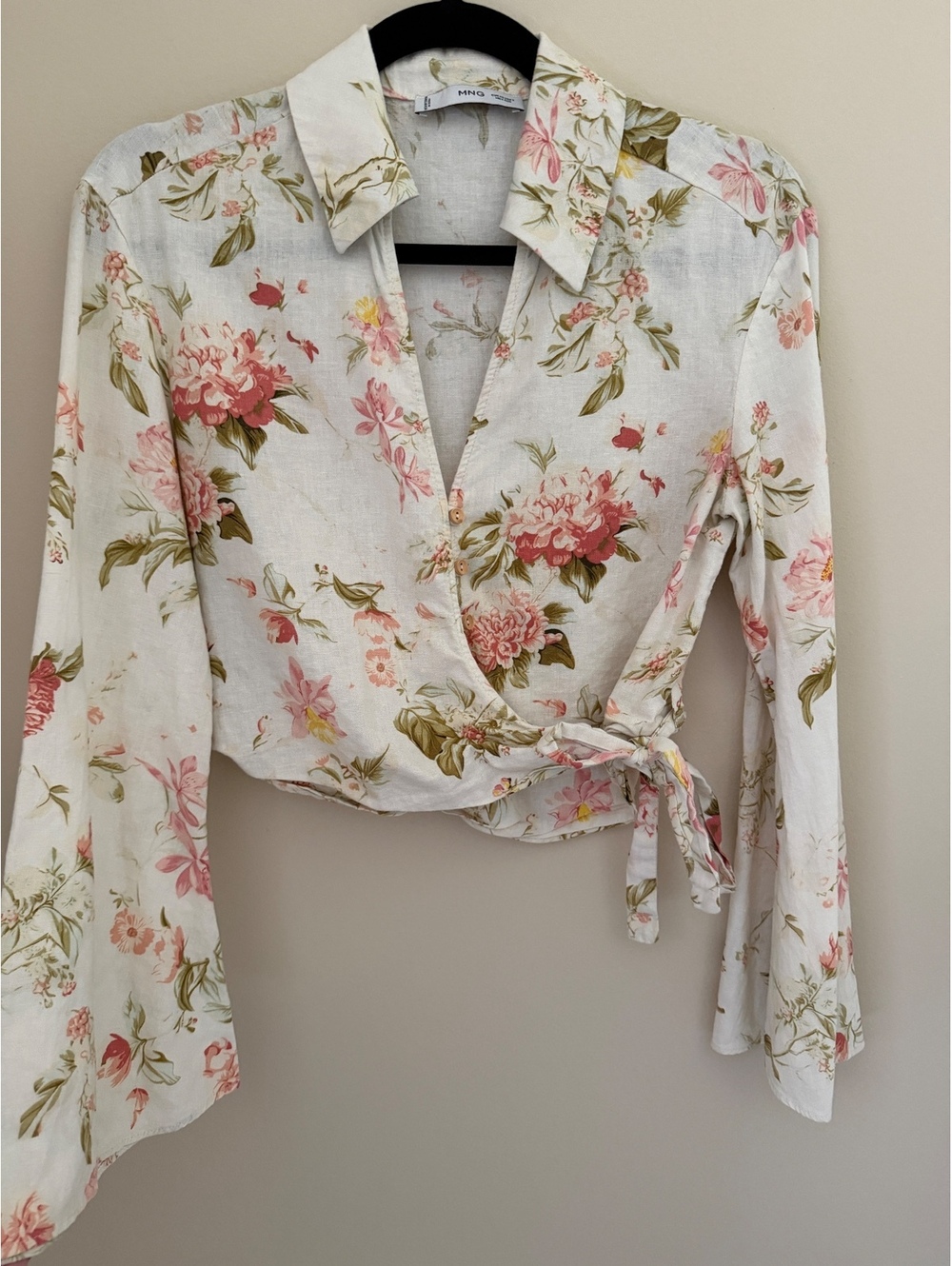 Sz 2 MNG linen/viscose wrap top w/ bell sleeves